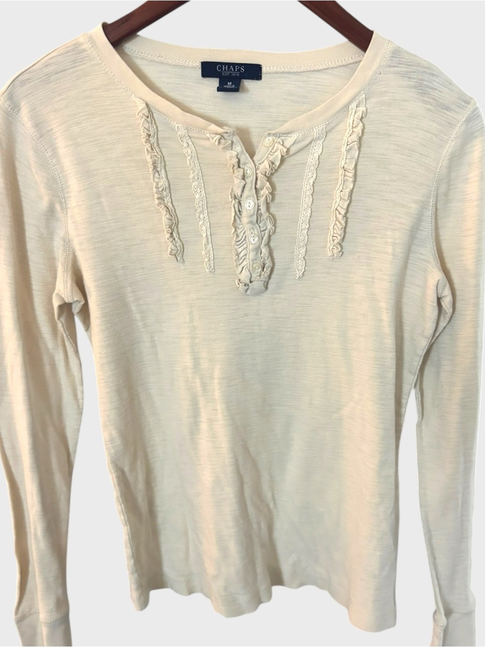 Chaps Cream Ruffle Henley Top 100% Cotton Y2K Size M - Picture 6 of 8